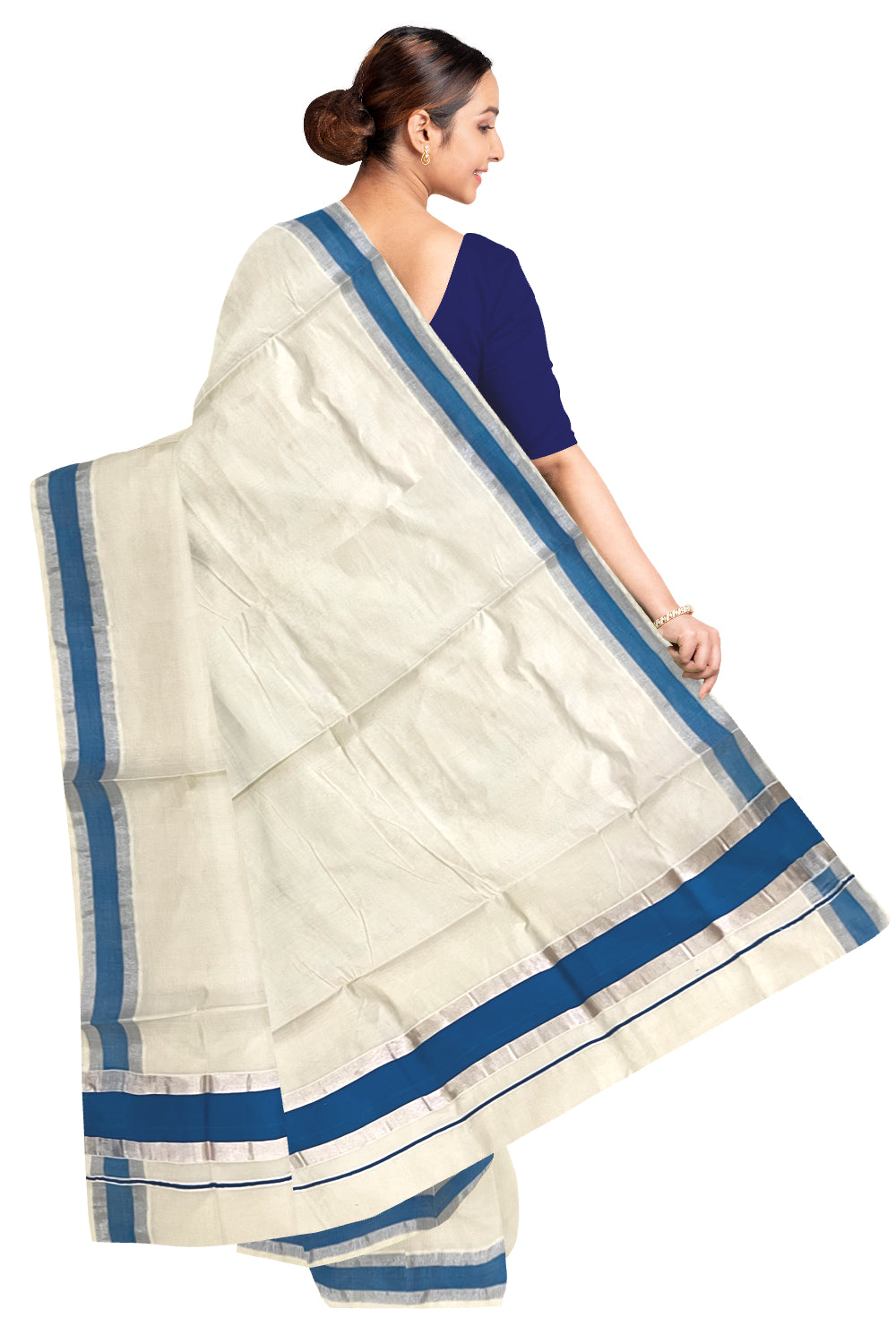 Pure Cotton Kerala Saree with Blue and Silver Kasavu Border