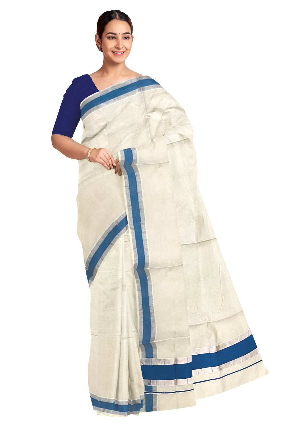 Pure Cotton Kerala Saree with Blue and Silver Kasavu Border