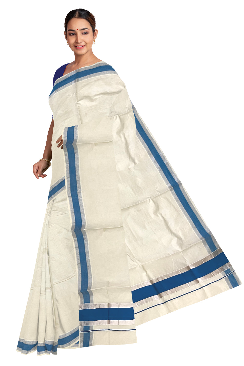 Pure Cotton Kerala Saree with Blue and Silver Kasavu Border