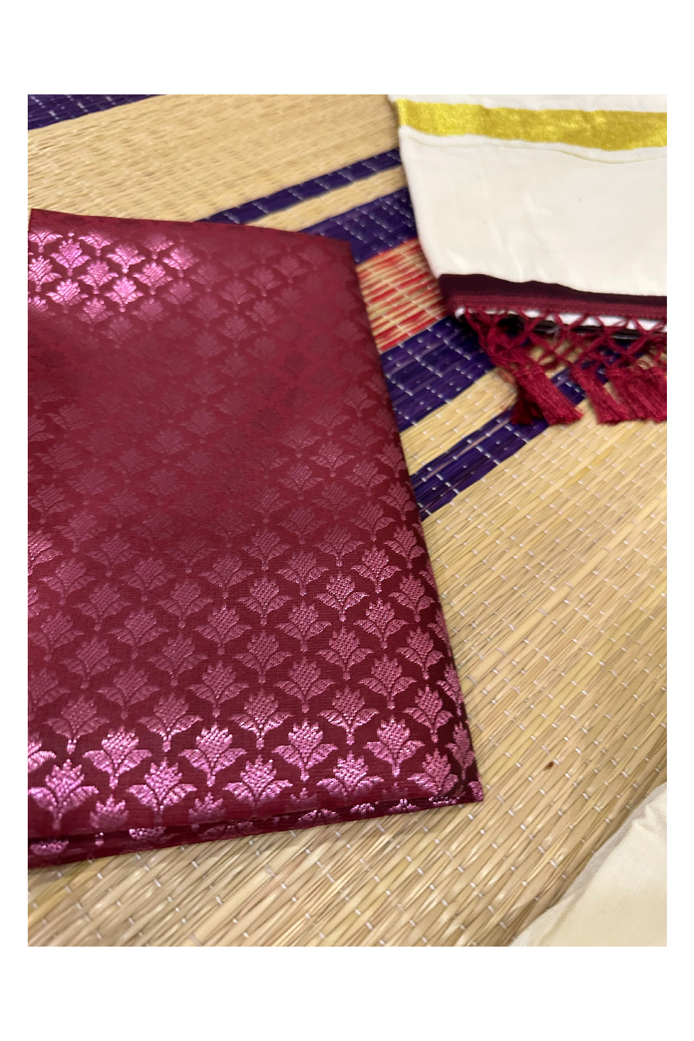 Semi Stitched Dhavani Set with Cotton Pavada and Maroon Woven Work Blouse Piece