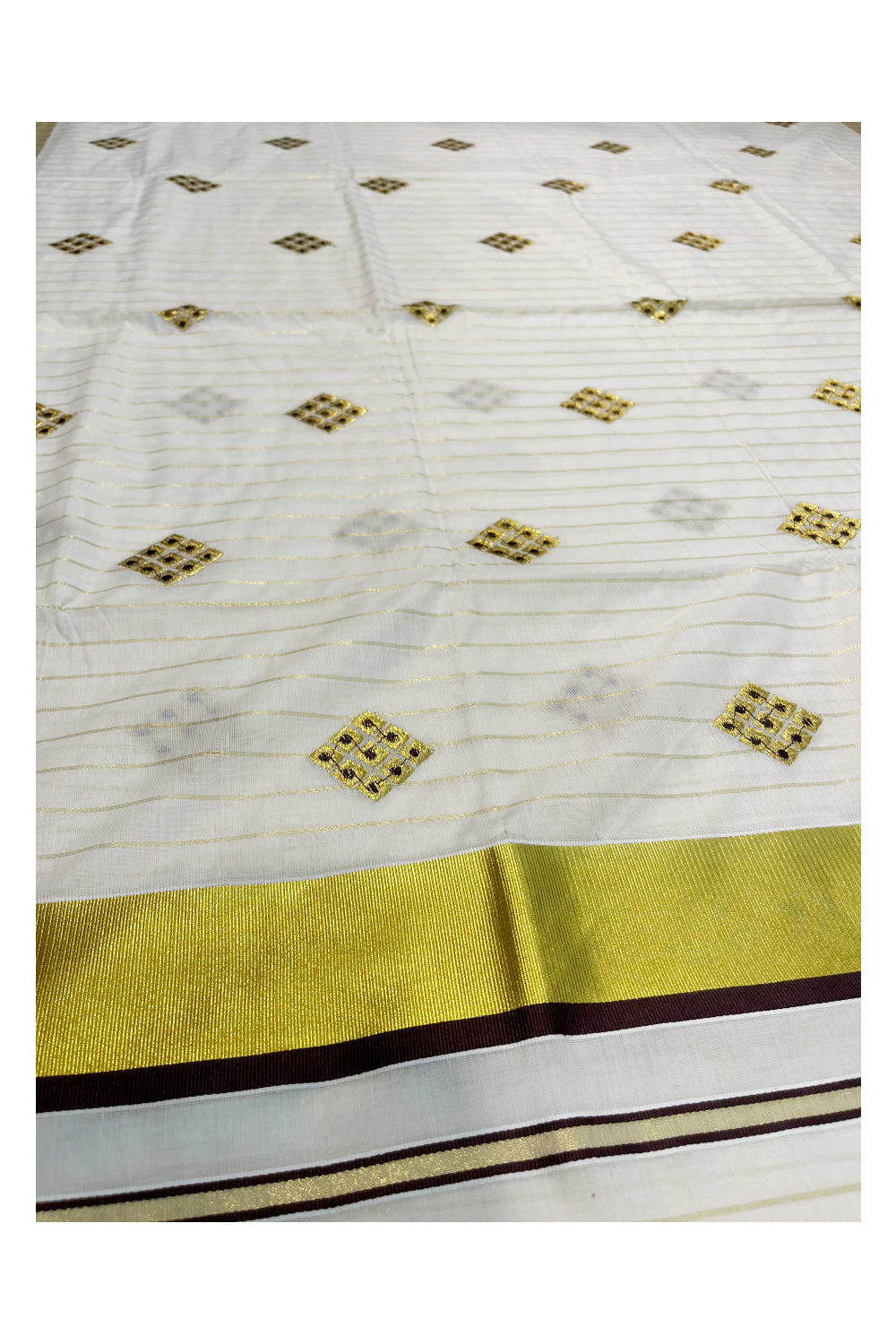 Kerala Cotton Kasavu Stripes Saree with Brown Floral Embroidery Design on Body