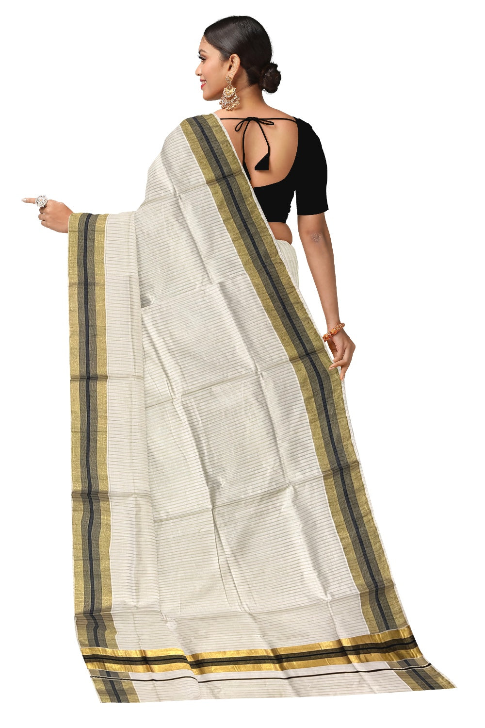 Pure Cotton Kerala Kasavu Lines Design Saree with Black Border and Tassels Work (Onam Saree 2023)