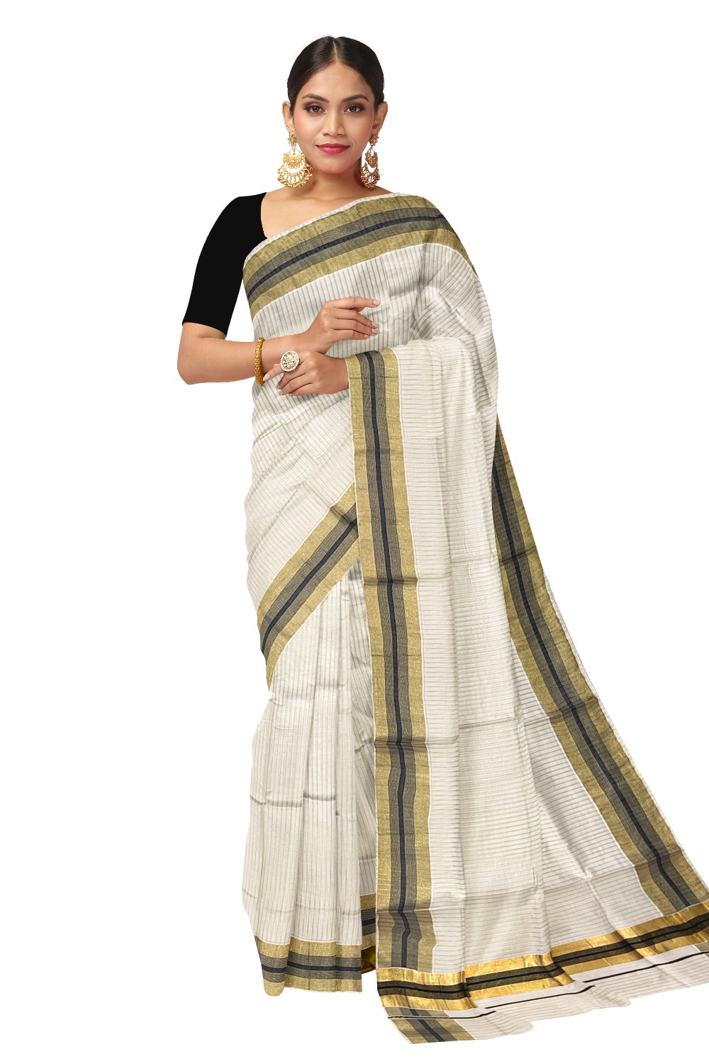 Pure Cotton Kerala Kasavu Lines Design Saree with Black Border and Tassels Work (Onam Saree 2023)