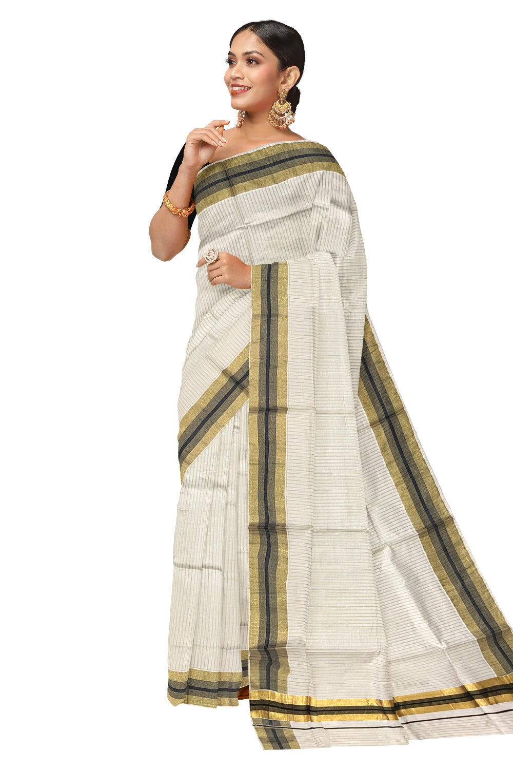 Pure Cotton Kerala Kasavu Lines Design Saree with Black Border and Tassels Work (Onam Saree 2023)