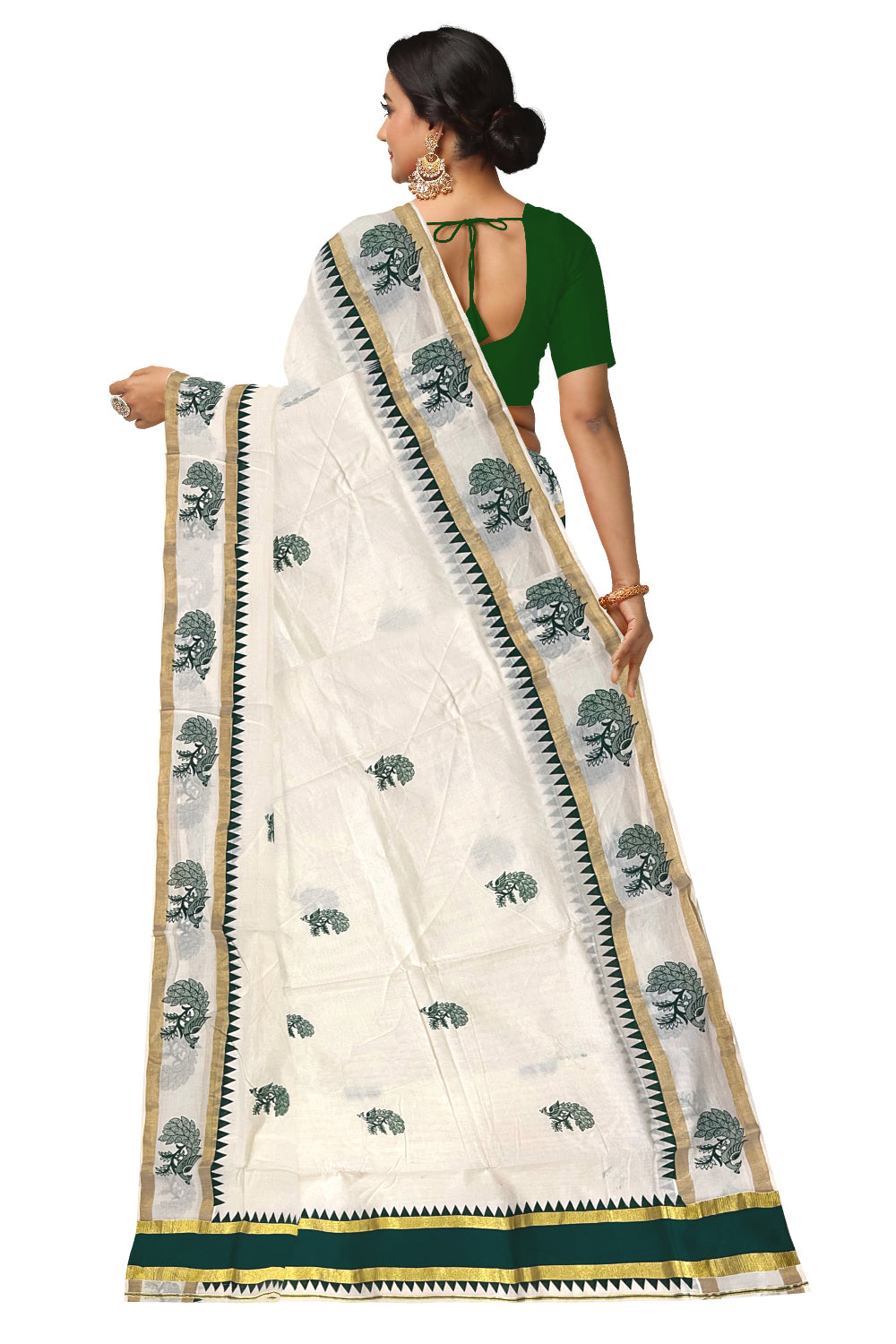 Pure Cotton Kerala Saree with Green Peacock Temple Block Printed Kasavu Border