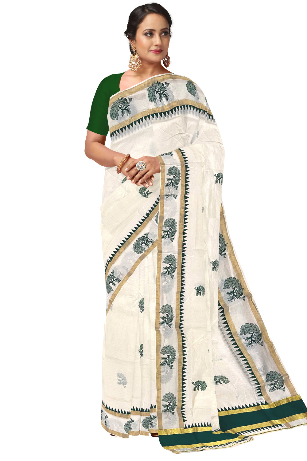 Pure Cotton Kerala Saree with Green Peacock Temple Block Printed Kasavu Border