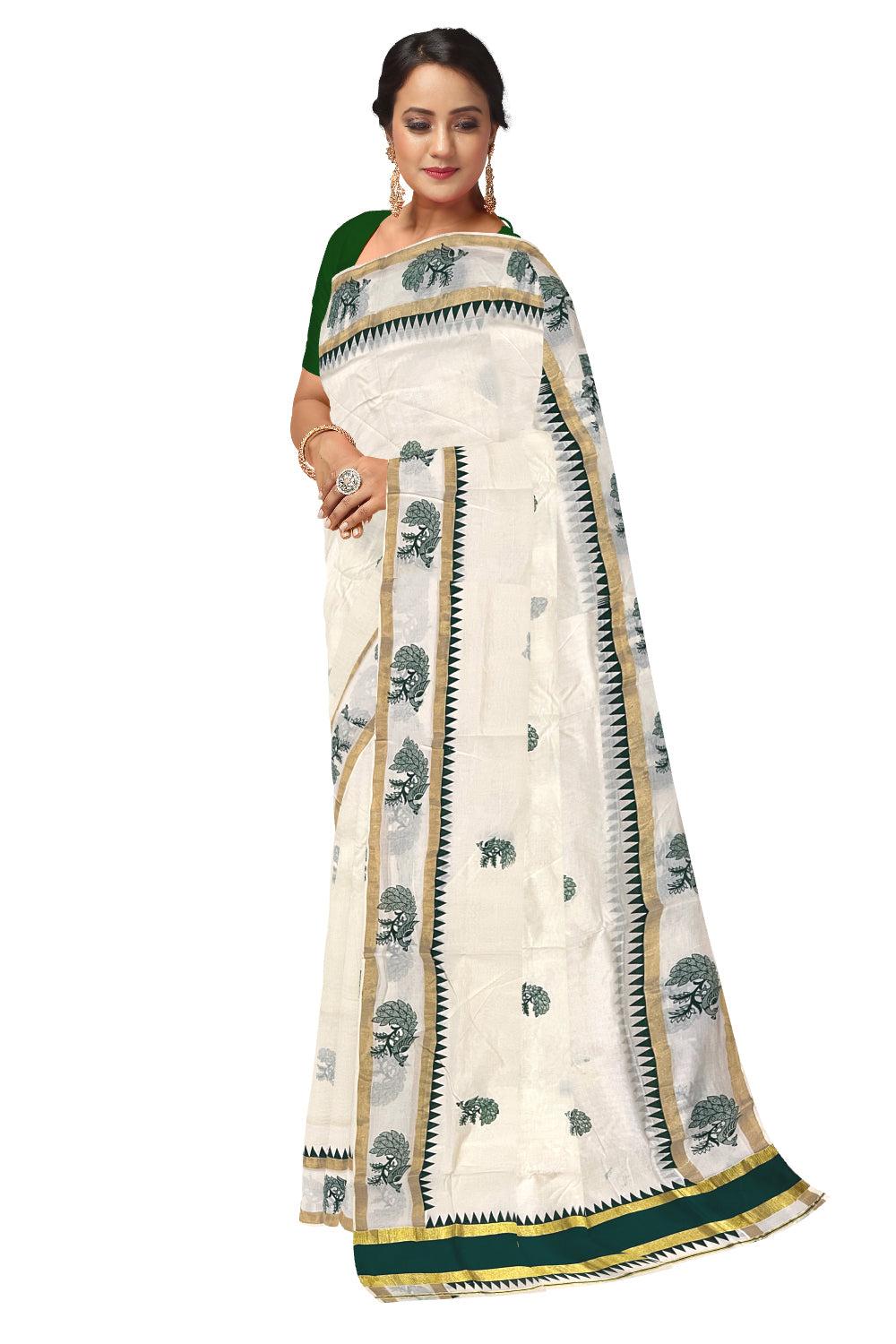 Pure Cotton Kerala Saree with Green Peacock Temple Block Printed Kasavu Border