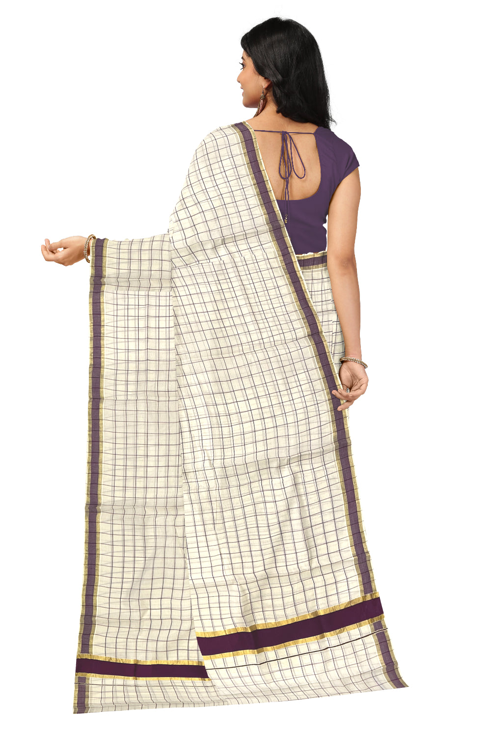 Kerala Woven Check Design Saree with Kasavu and Purple Border (Onam Saree 2023)