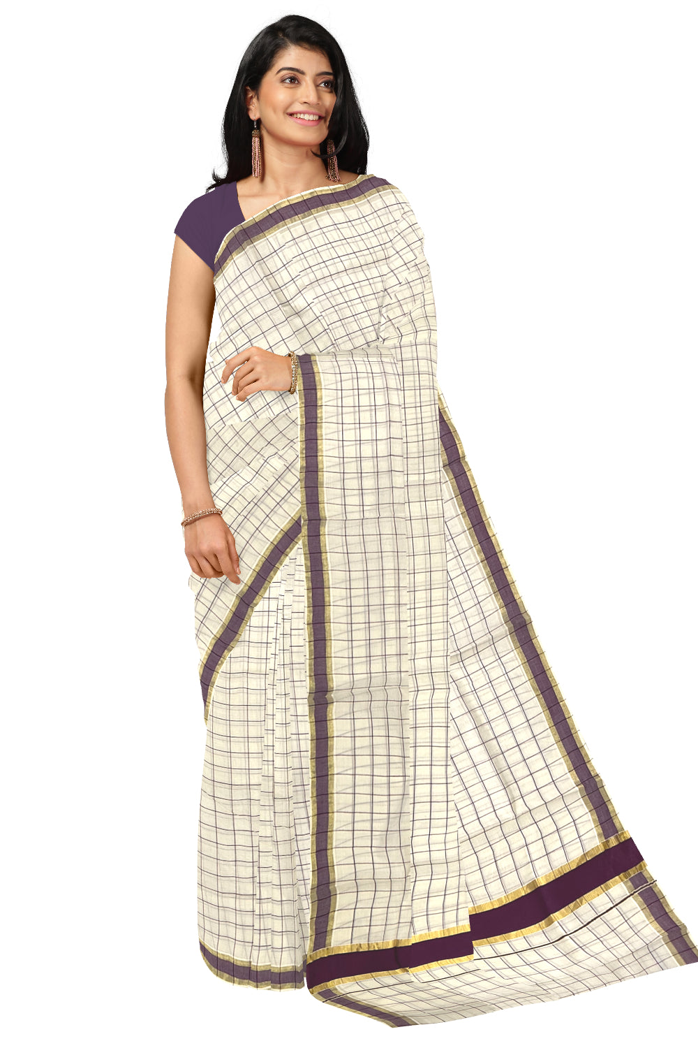 Kerala Woven Check Design Saree with Kasavu and Purple Border (Onam Saree 2023)