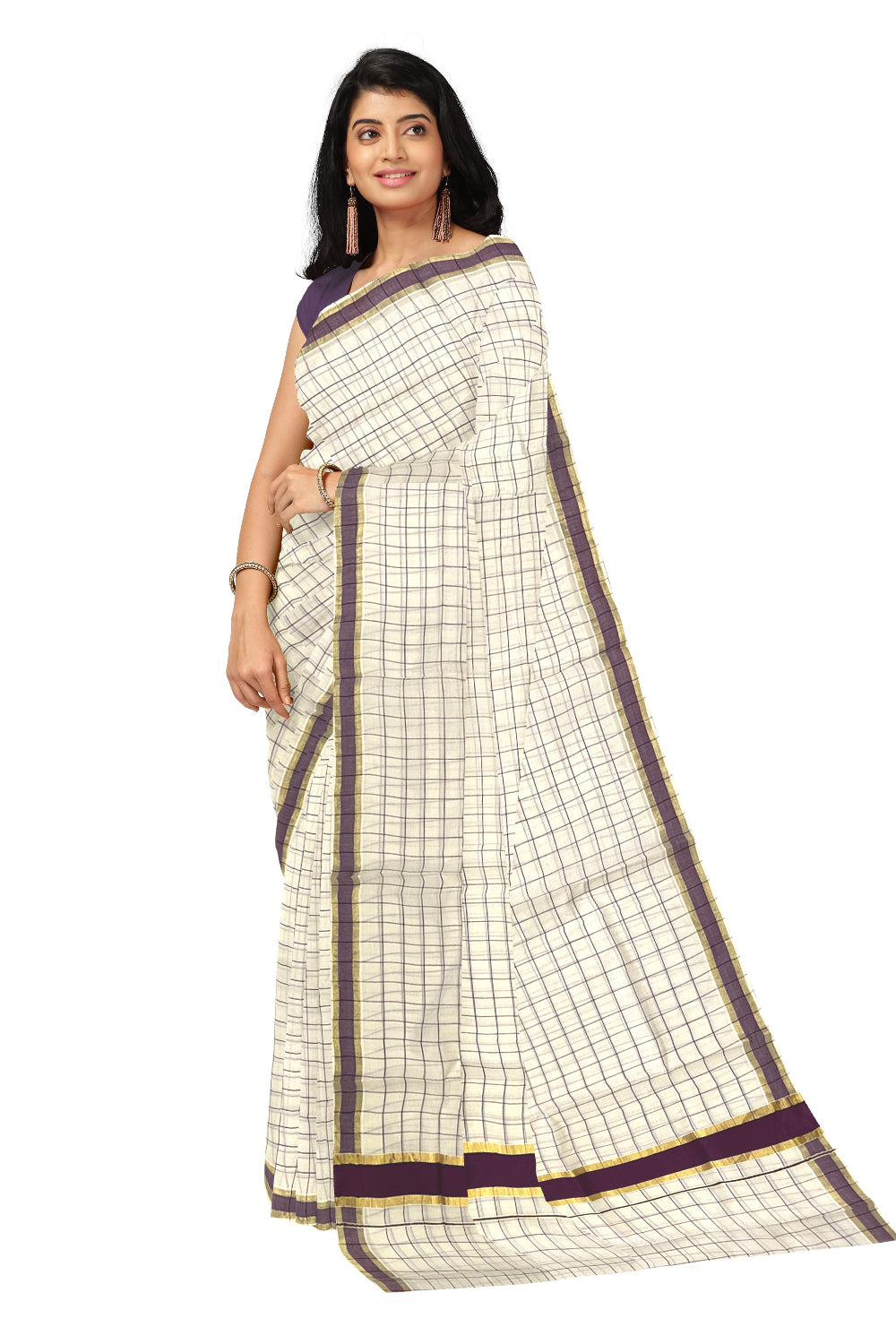 Kerala Woven Check Design Saree with Kasavu and Purple Border (Onam Saree 2023)