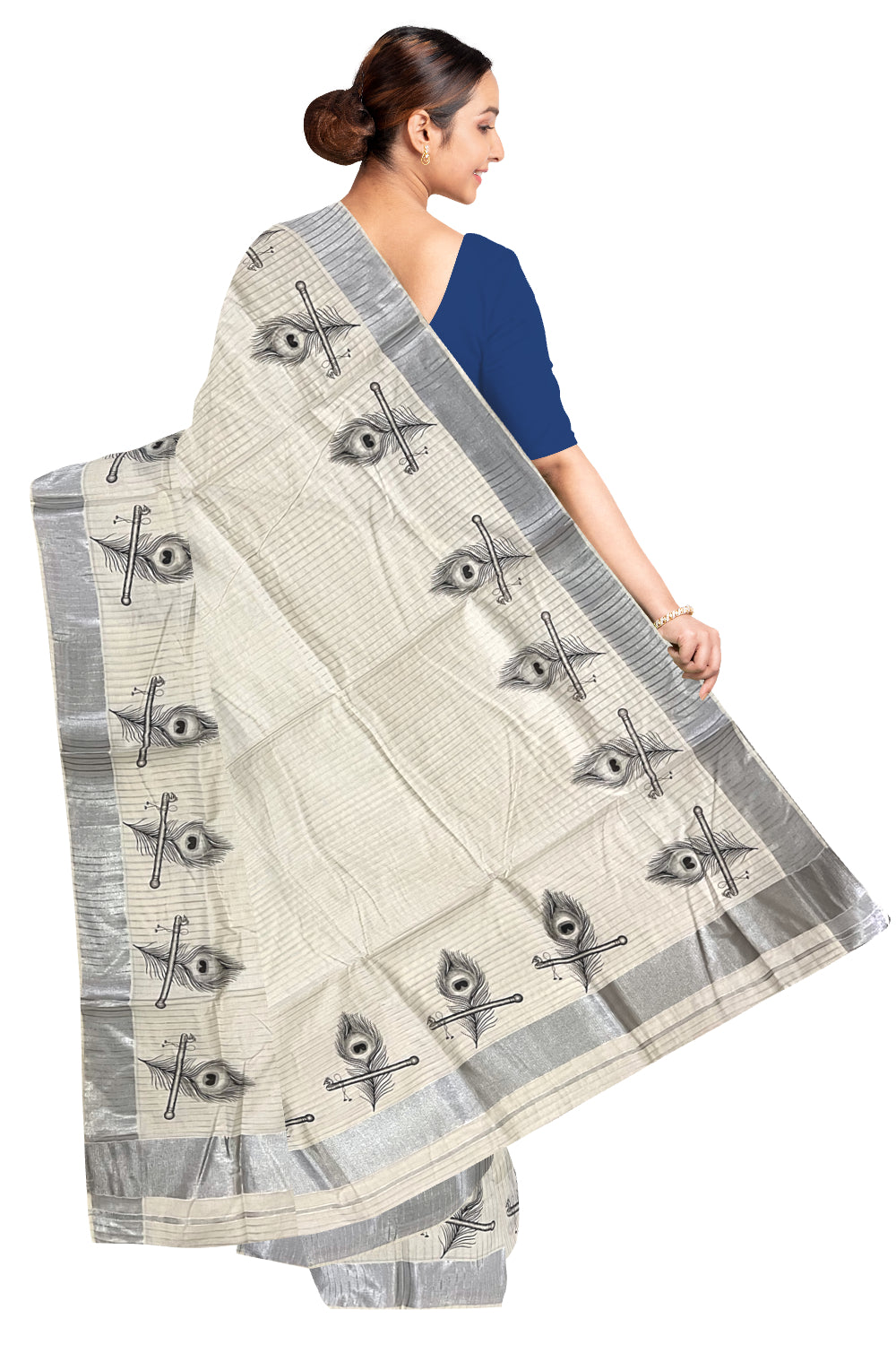 Pure Cotton Kerala Silver Kasavu Lines Design Saree with Feather Mural Prints (Onam Saree 2023)