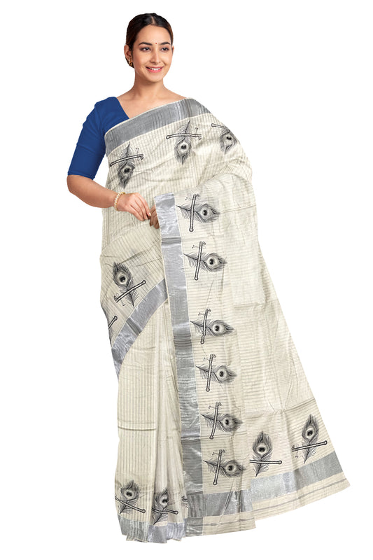 Pure Cotton Kerala Silver Kasavu Lines Design Saree with Feather Mural Prints (Onam Saree 2023)