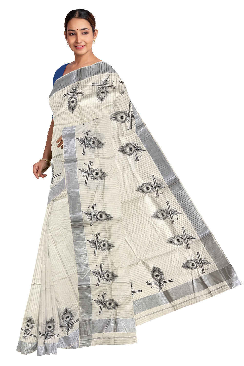 Pure Cotton Kerala Silver Kasavu Lines Design Saree with Feather Mural Prints (Onam Saree 2023)