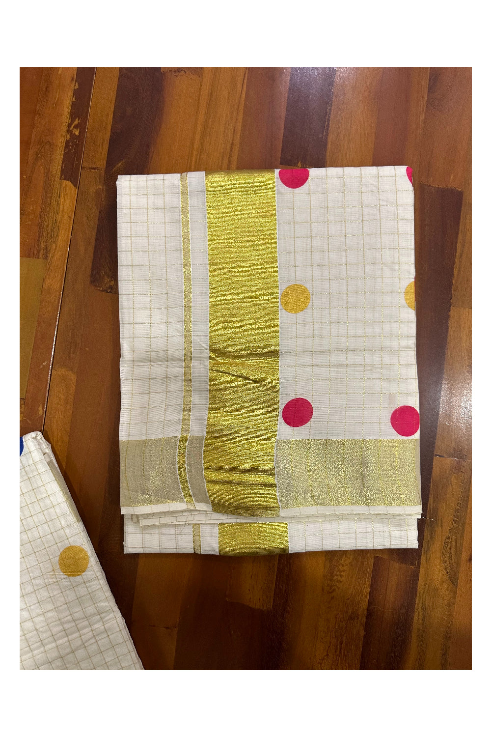 Southloom Micro Check Kasavu Saree with Coloured and Golden Polka Dot Prints Across Body and Print (Onam 2023 Collection)