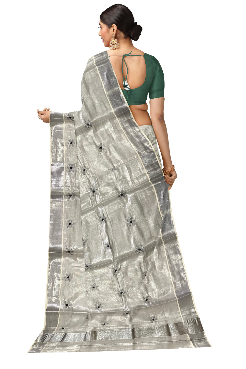 Kerala Silver Tissue Kasavu Saree with Floral Embroidery Works on Body and Dark Green Blouse Piece