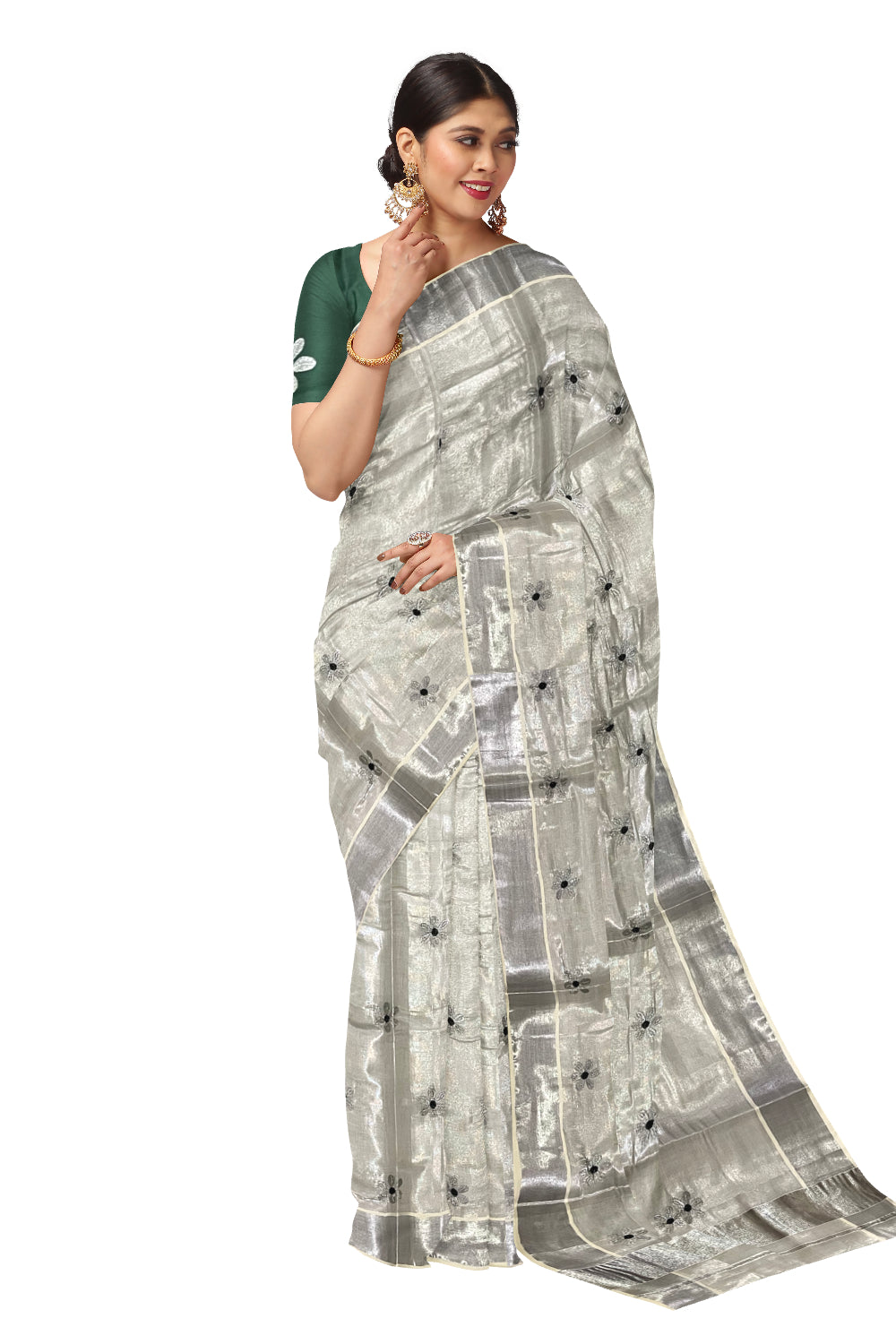 Kerala Silver Tissue Kasavu Saree with Floral Embroidery Works on Body and Dark Green Blouse Piece