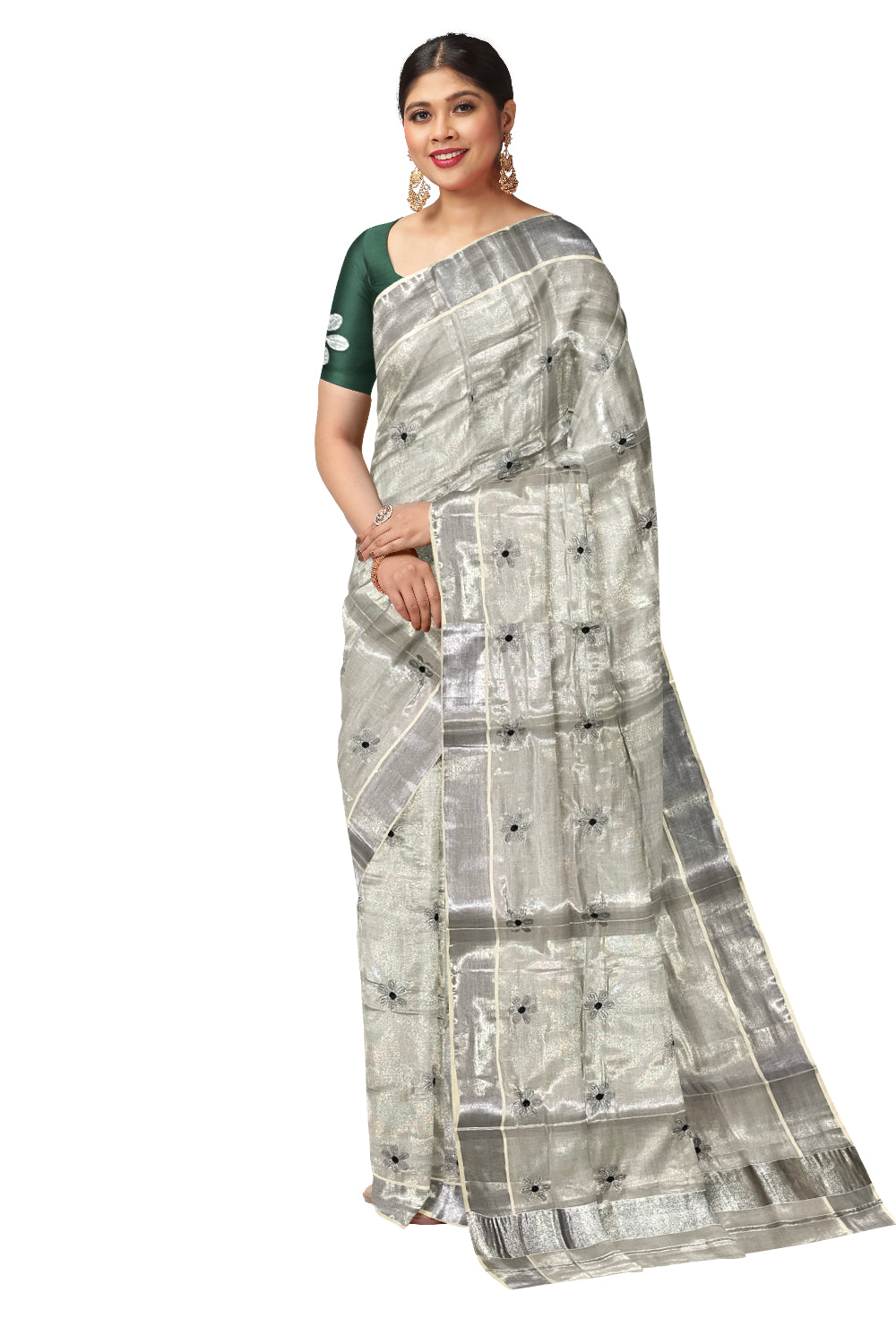 Kerala Silver Tissue Kasavu Saree with Floral Embroidery Works on Body and Dark Green Blouse Piece