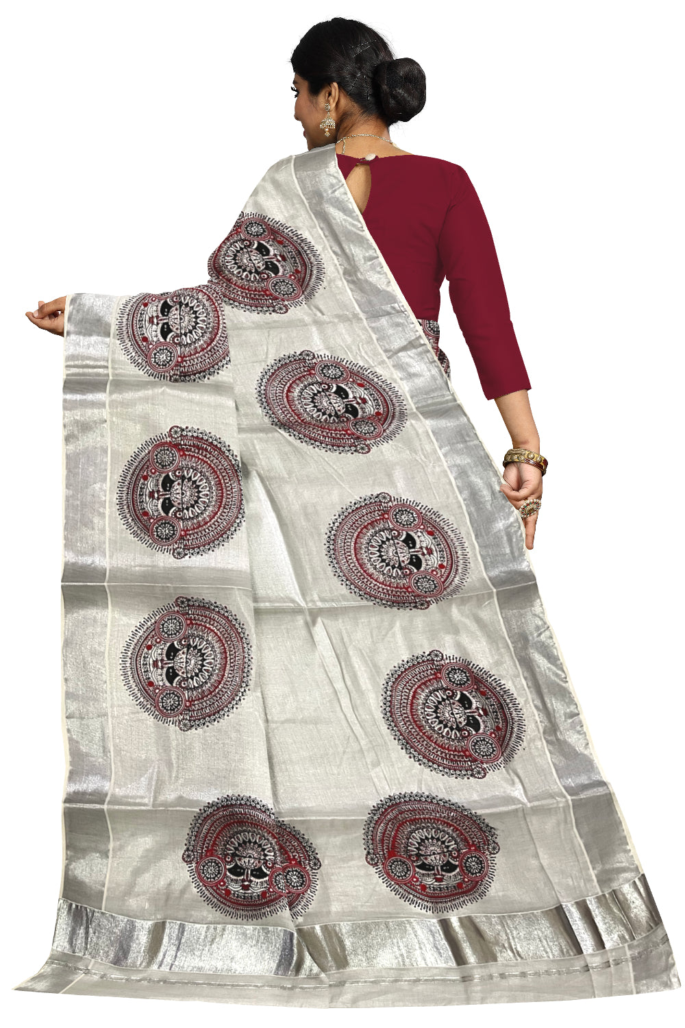 Kerala Silver Tissue Kasavu Saree with Theyyam Mural Prints