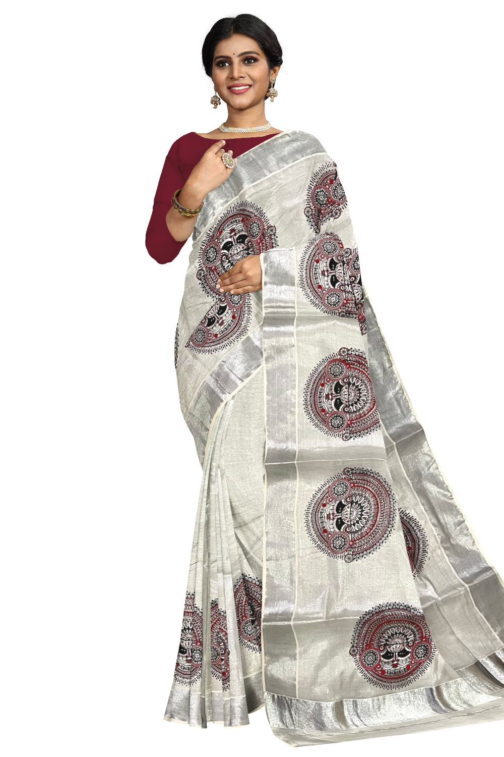 Kerala Silver Tissue Kasavu Saree with Theyyam Mural Prints