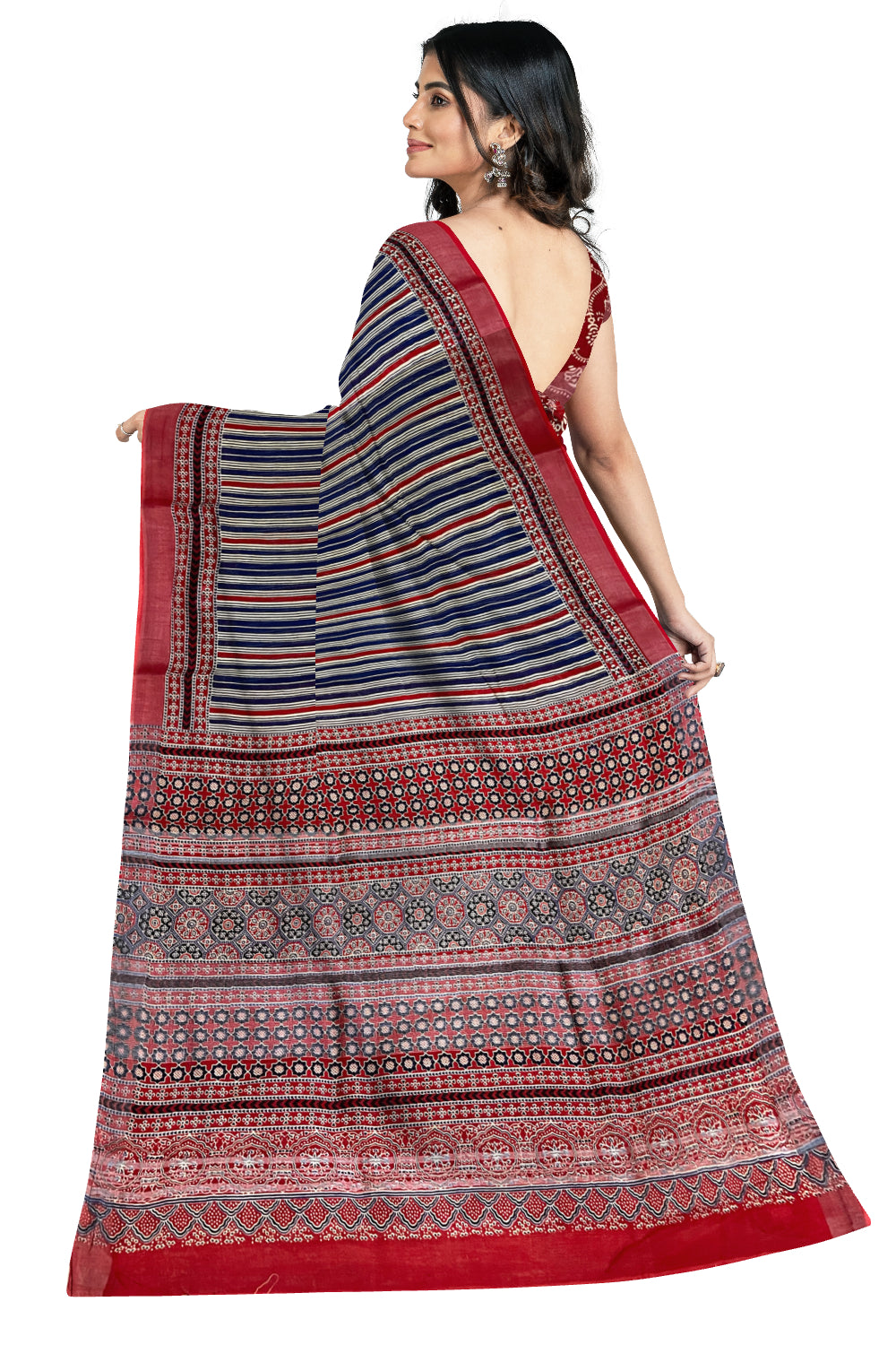 Southloom Linen Saree with Blue and Red Lines Designs on Body