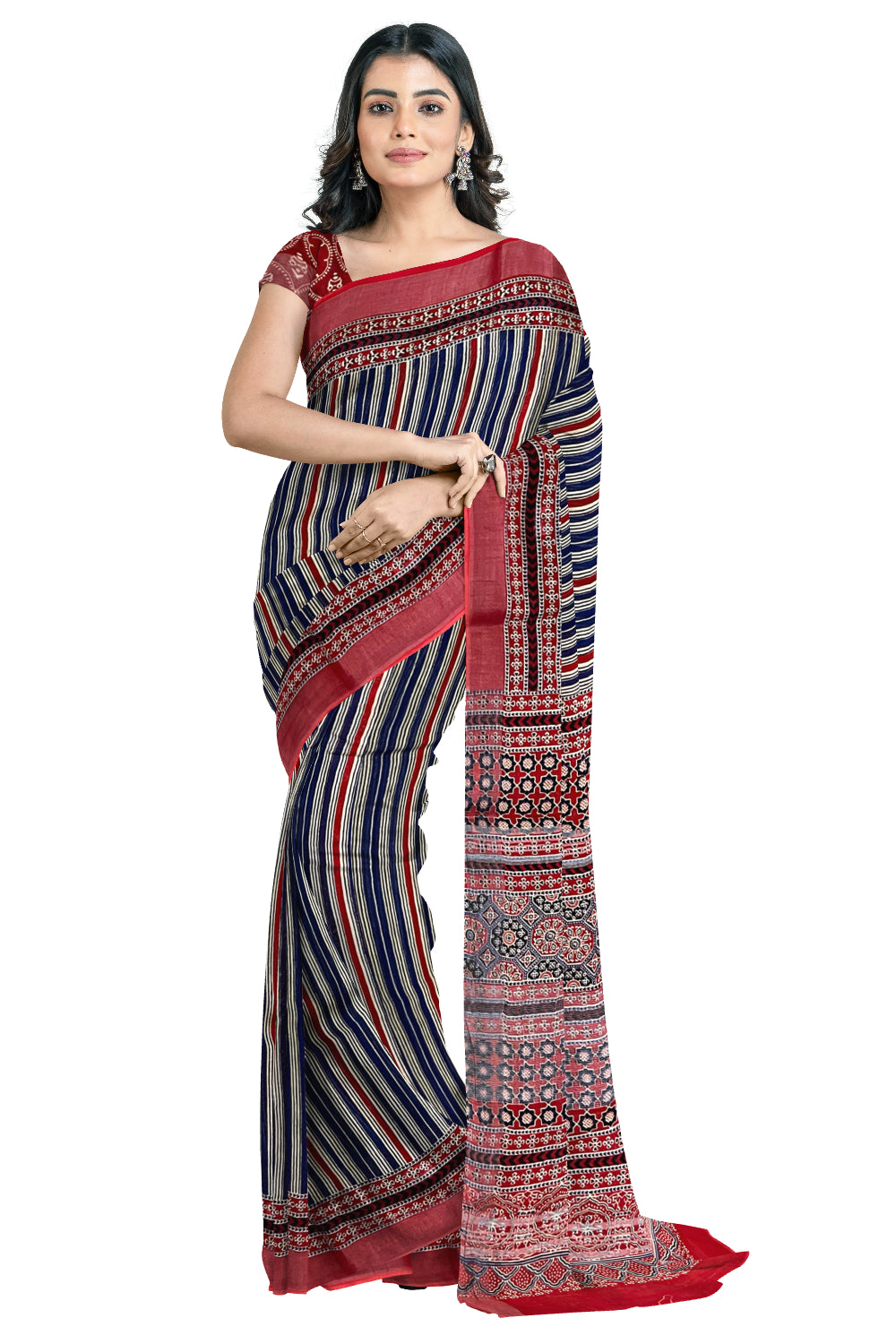 Southloom Linen Saree with Blue and Red Lines Designs on Body