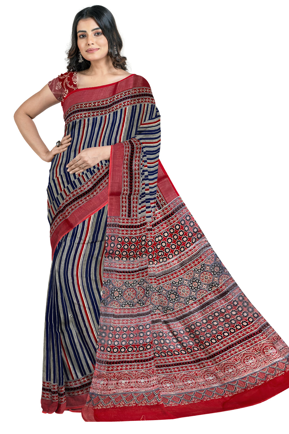 Southloom Linen Saree with Blue and Red Lines Designs on Body