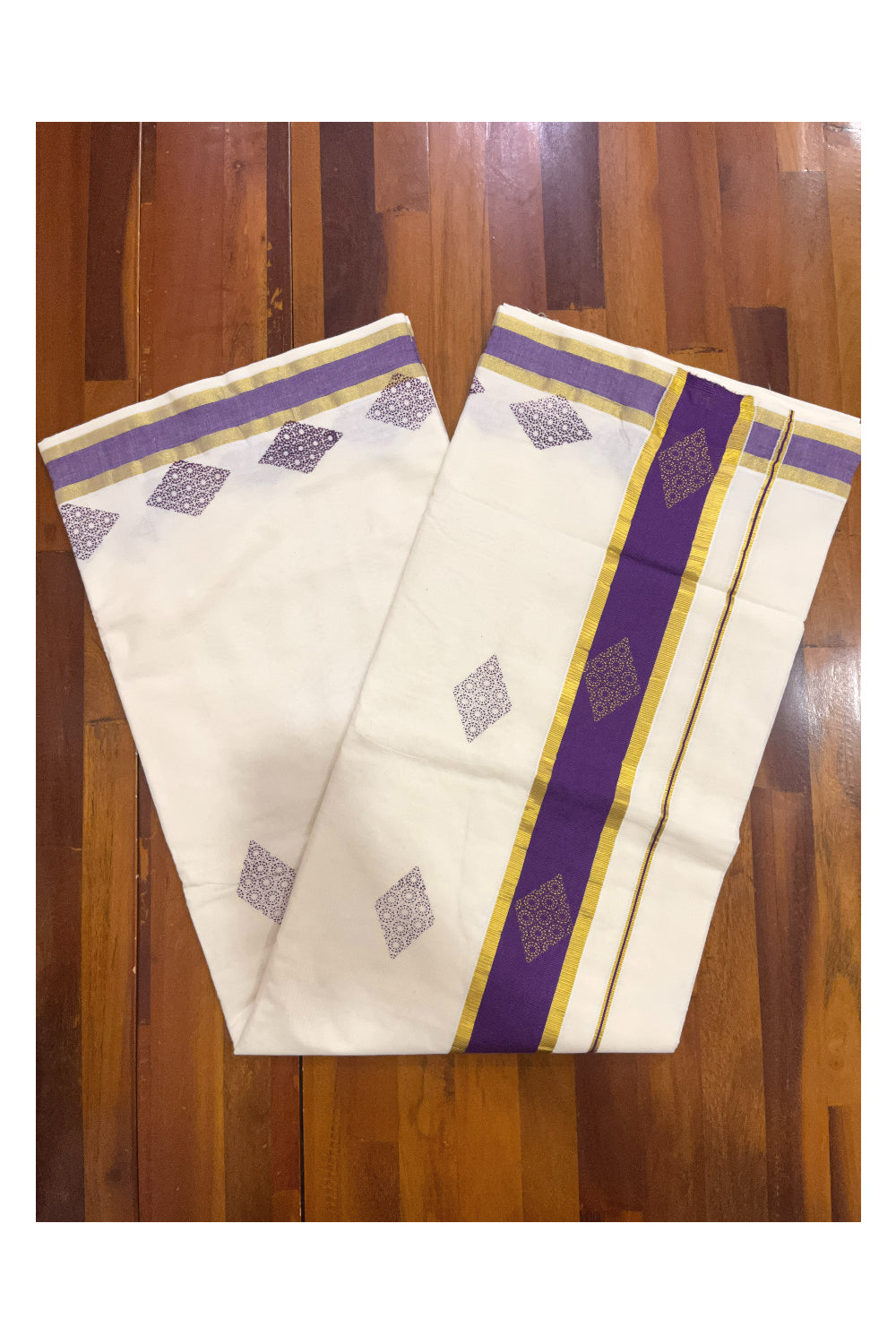 Pure Cotton Kerala Saree with Violet Block Prints and Kasavu Border