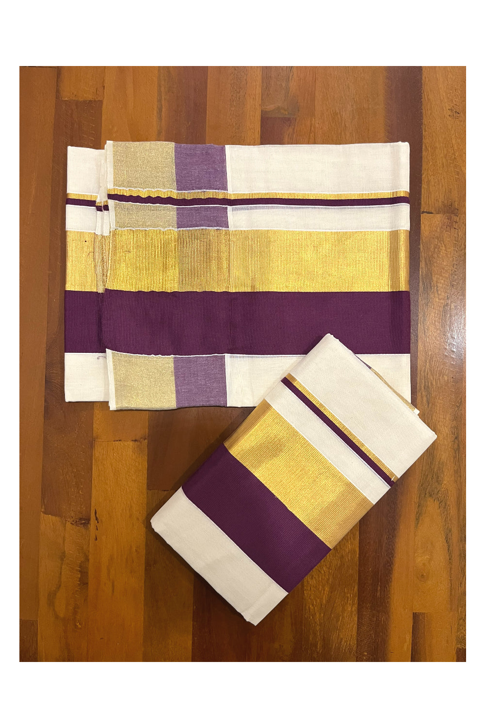 Pure Cotton Kerala Onam 2023 Set Mundu (Mundum Neriyathum) Single with Purple and Kasavu Border 2.80 Mtrs