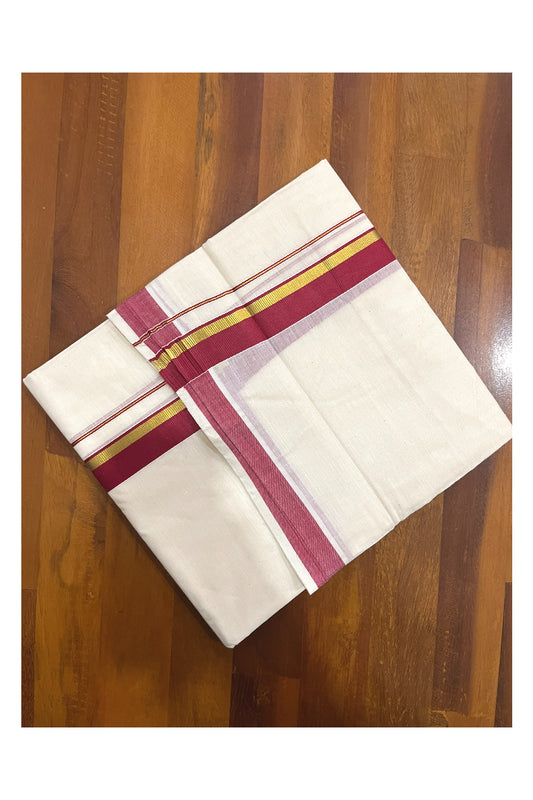 Pure Cotton Kerala Double Mundu with Kasavu and Maroon Kara (South Indian Kerala Dhoti)