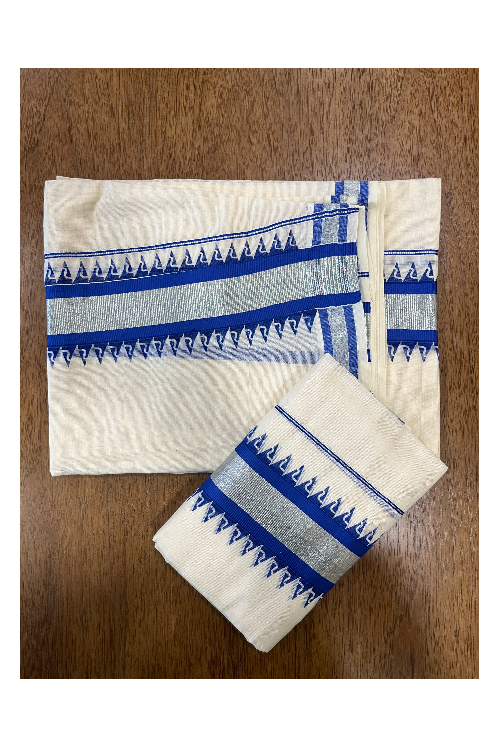 Cotton Single Set Mundu (Mundu Neriyathum) with Blue Temple Block Prints and Silver Kasavu Border