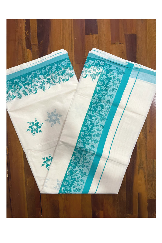 Kerala Cotton Saree with Turquoise Floral Block Prints on Border (Onam Saree 2023)