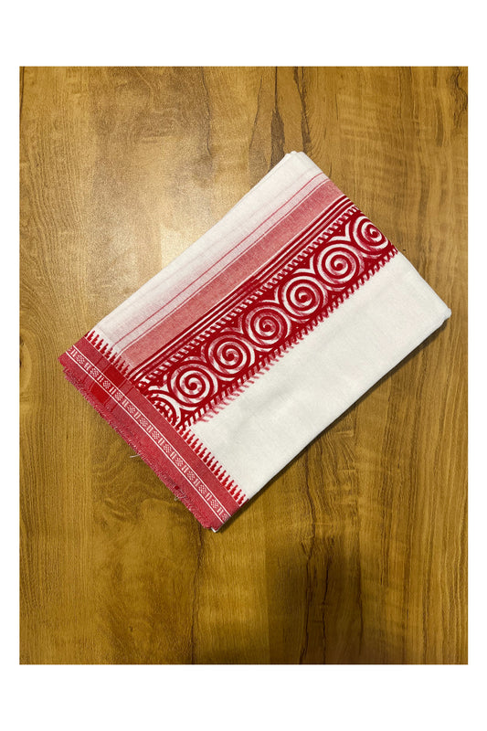 Southloom White with Red Printed Single Mundu / Otta Mundu / Lungi (South Indian Kerala Dhoti)