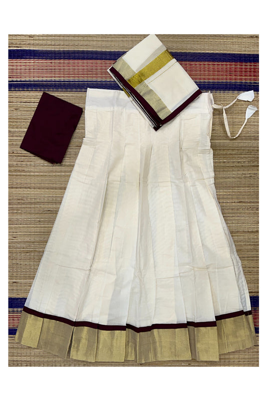 Southloom Semi Stitched Cotton Dhavani Set with Kasavu Border and Brown Blouse Piece