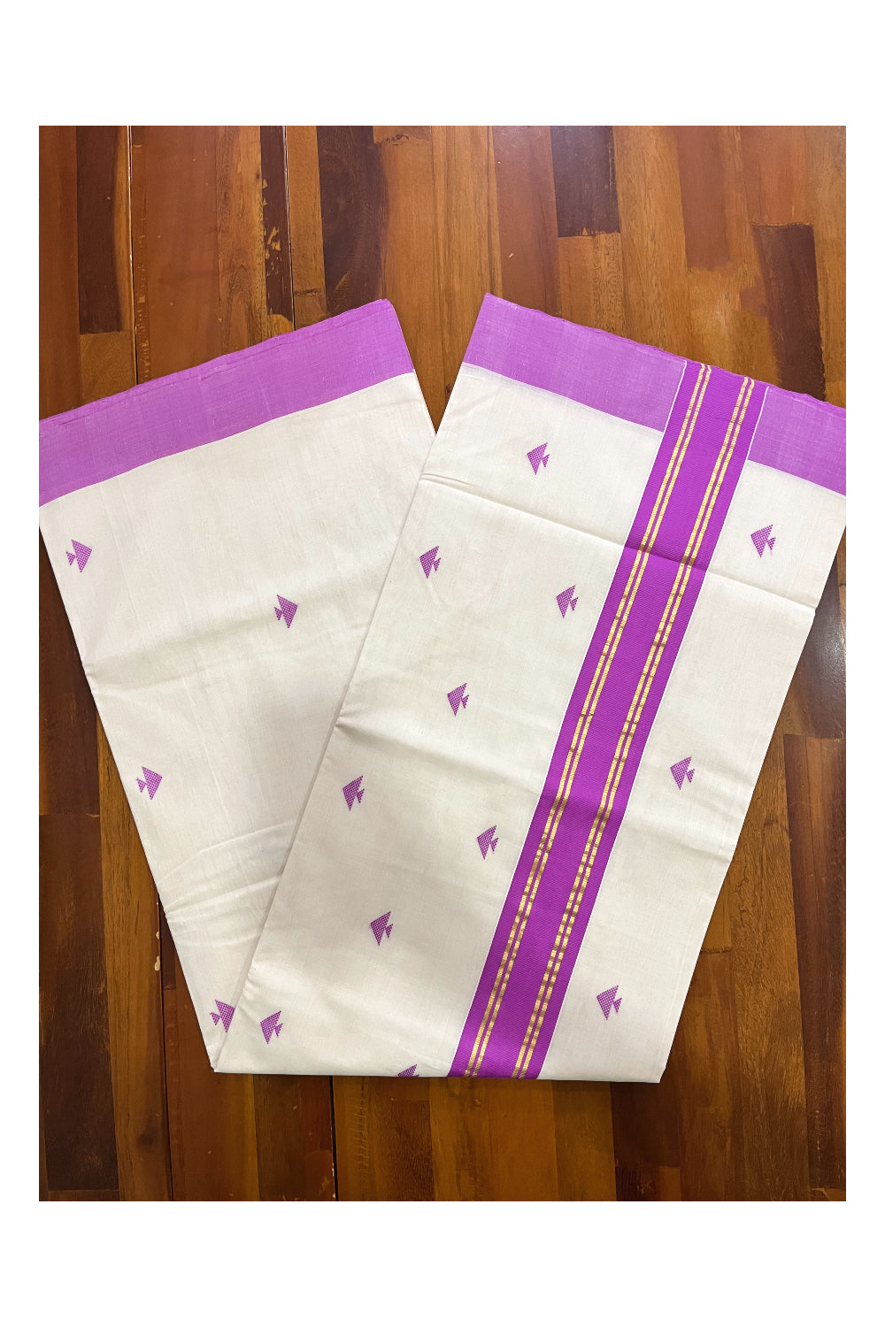 Southloom Premium Balaramapuram Unakkupaavu Handloom Cotton Butta Saree with Violet and Kasavu Border