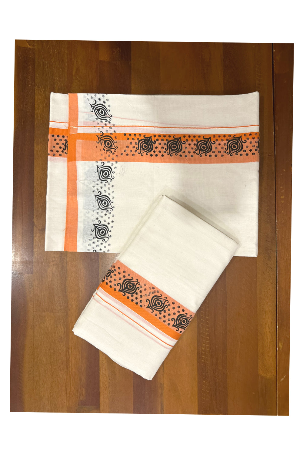 Kerala Cotton Set Mundu (Mundum Neriyathum) with Block Prints on Orange Border (Onam Set Mundu 2023)