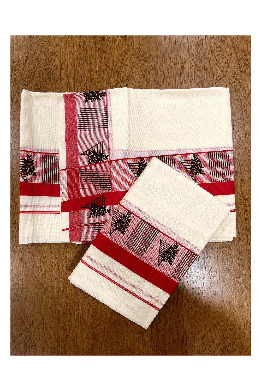 Kerala Cotton Set Mundu (Mundum Neriyathum) with Block Prints on Red Border