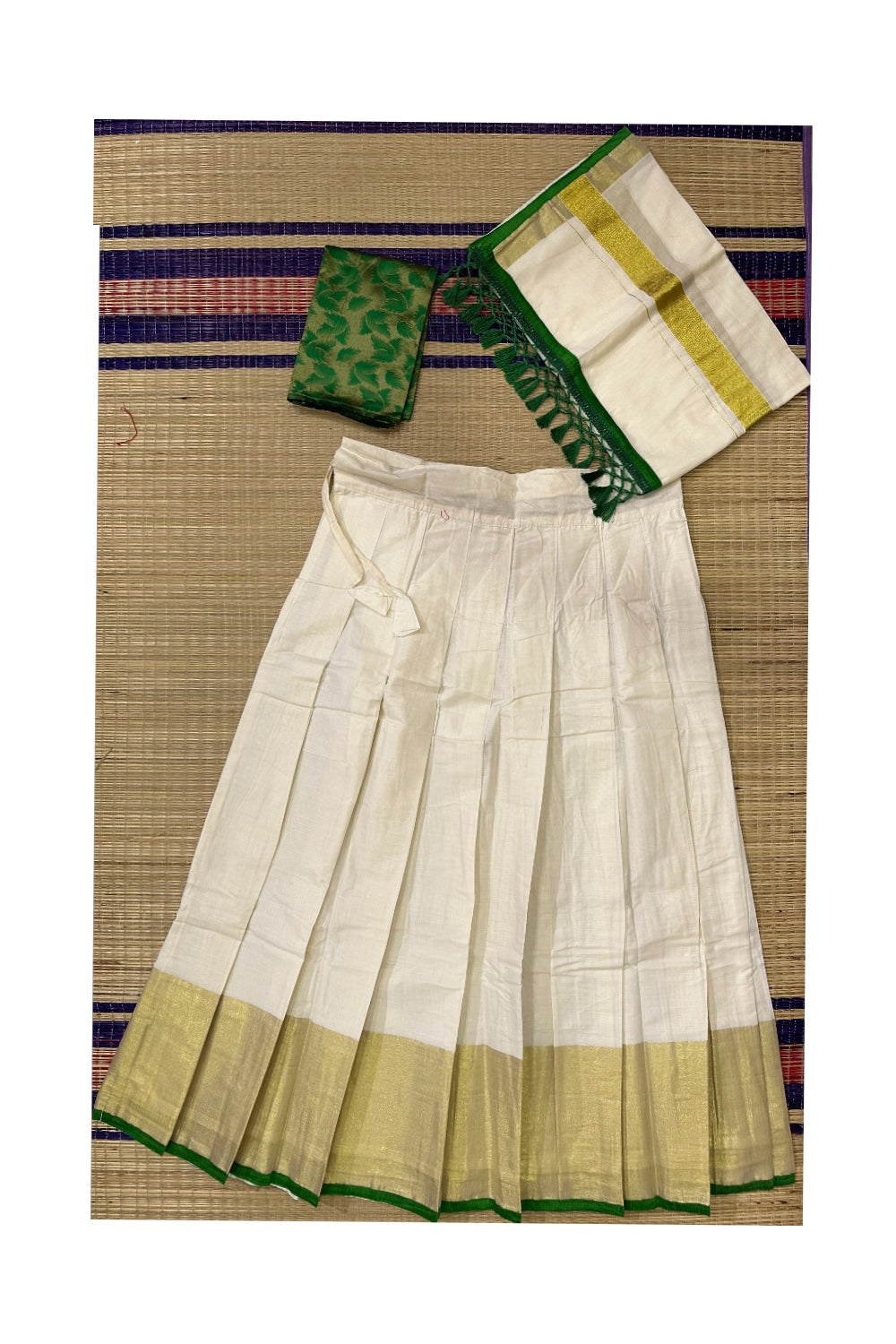 Semi Stitched Dhavani Set with Cotton Pavada and Light Green Woven Work Blouse Piece