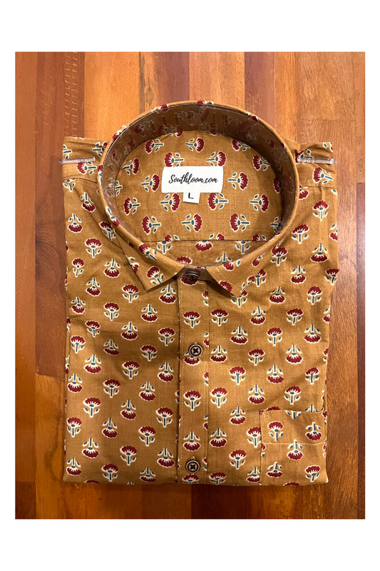 Southloom Jaipur Cotton Yellow Shirt with Floral Hand Block Printed Design (Full Sleeves)