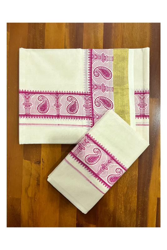 Kerala Pure Cotton Single Set Mundu with Pink Paisley Block Printed Border