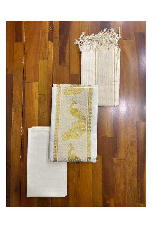 Kerala Cotton Churidar Salwar Material with Kasavu Peacock Woven Design (include Lines Shawl / Dupatta)