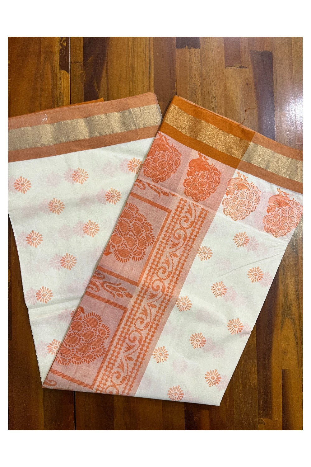 Pure Cotton Kerala Saree with Peach Block Print Designs and Kasavu Border (Vishu 2024 Collection)