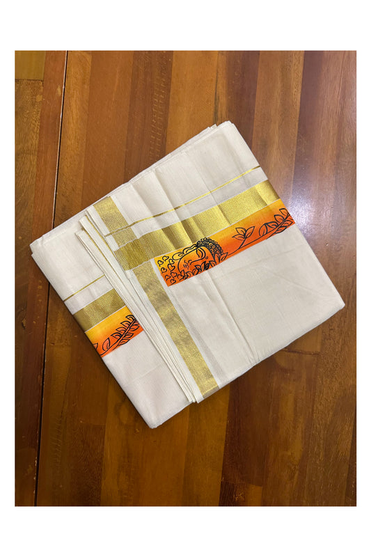 Kerala Pure Cotton Double Mundu with Hand Painted Designs on Kasavu Border(South Indian Kerala Dhoti)