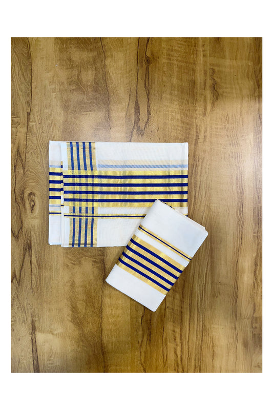 Southloom Premium Handloom Cotton Set Mundu (Mundum Neriyathum) with Kasavu and Blue Lines Border 2.80 Mtrs