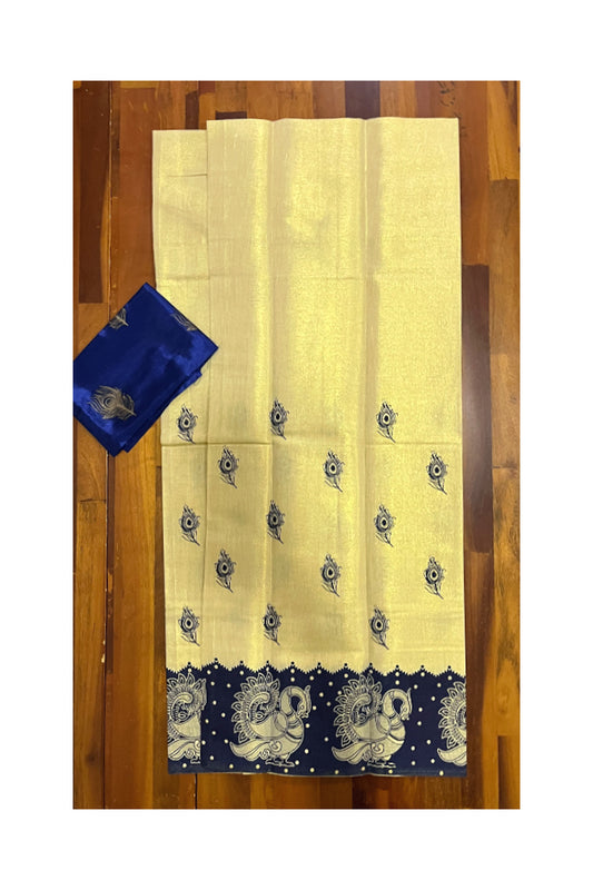 Kerala Tissue Block Printed Pavada and Blue Blouse Material for Kids 3 Meters