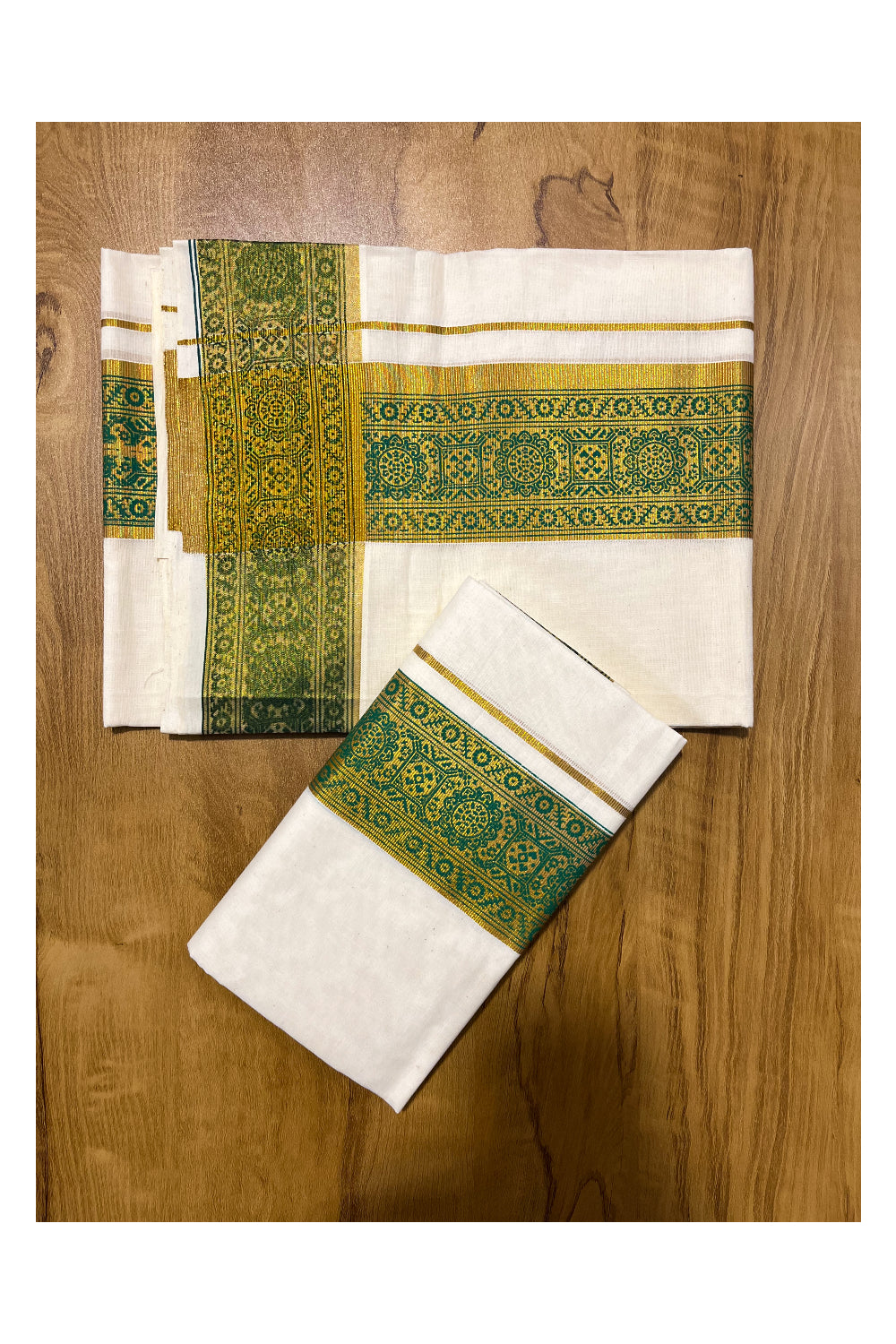 Kerala Pure Cotton Set Mundu Single (Mundum Neriyathum) with Green Block Prints on Kasavu Border 2.80Mtrs(Onam 2024 Collection)