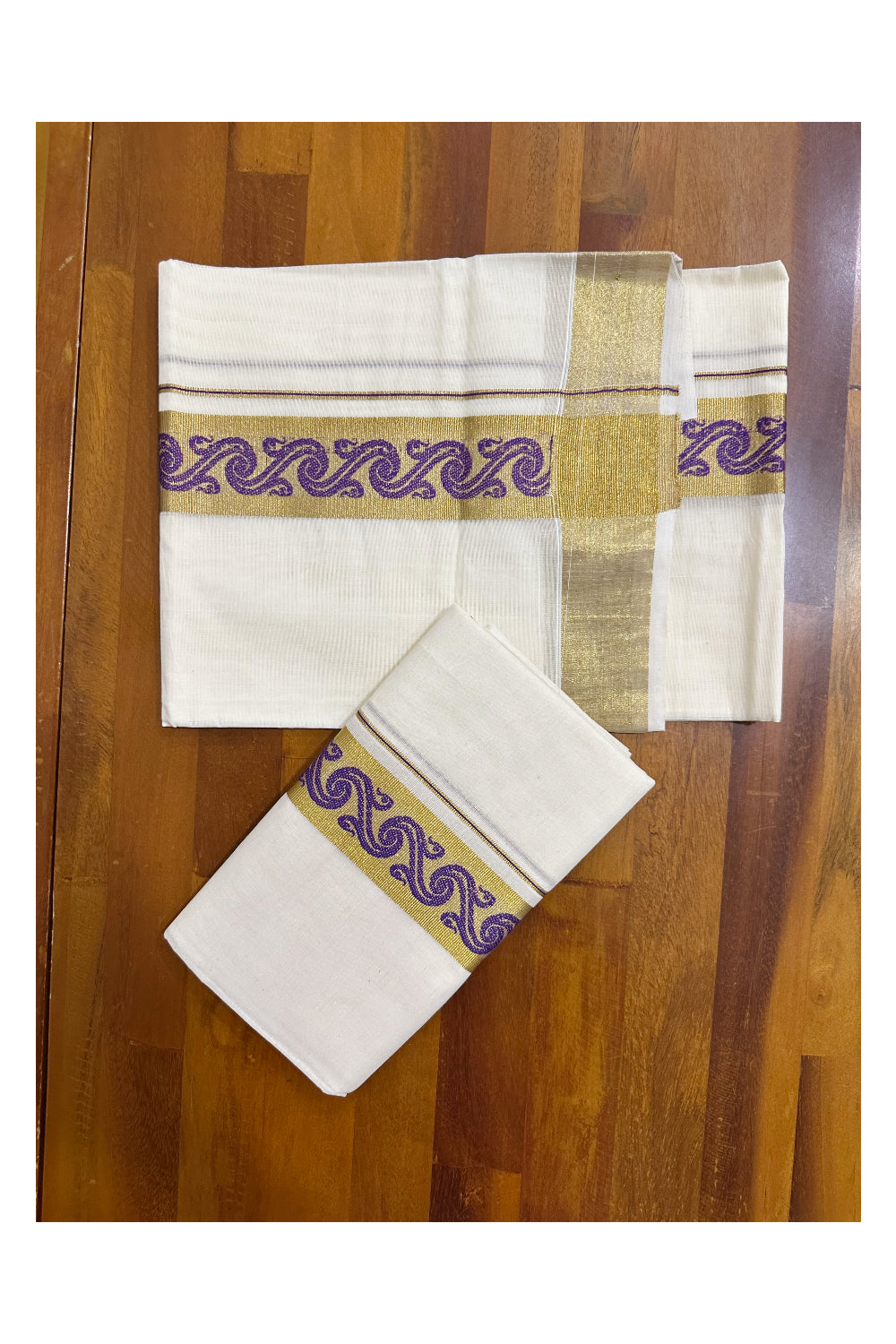 Kerala Pure Cotton Single Set Mundu (Mundum Neriyathum) with Violet Block Prints on Kasavu Border-2.80Mtrs