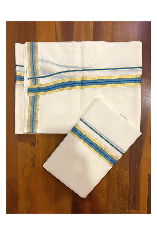 Pure Cotton Kerala Single Set Mundu (Mundum Neriyathum) with Blue and Kasavu Border 2.80 Mtrs