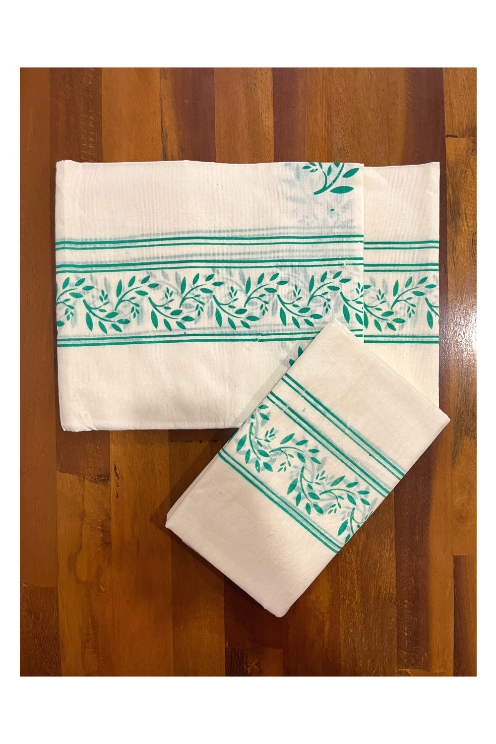 Pure Cotton Kerala Single Set Mundu (Mundum Neriyathum) with Green Block Prints on Border