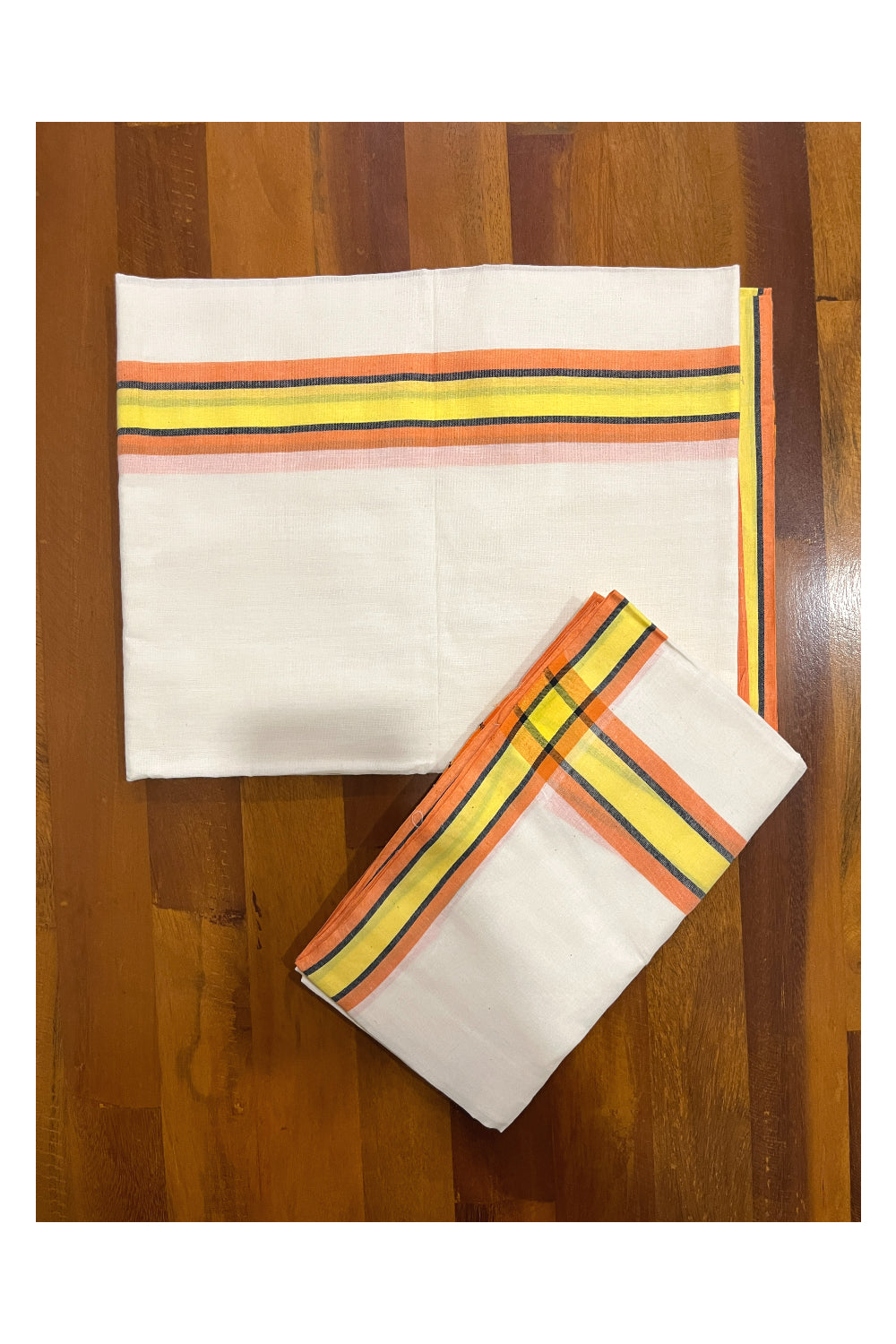 Kerala Cotton Mulloth Single Set Mundu (Mundum Neriyathum) with Yellow and Orange Border (Extra Soft Cotton)