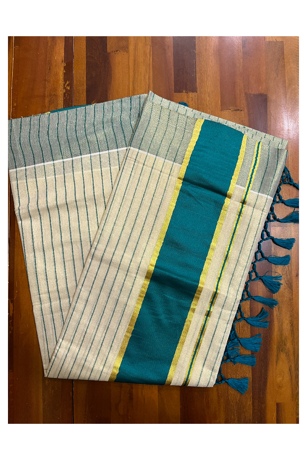 Kerala Tissue Green Striped Saree with Kasavu Border and Tassels Works (Vishu 2024 Collection)